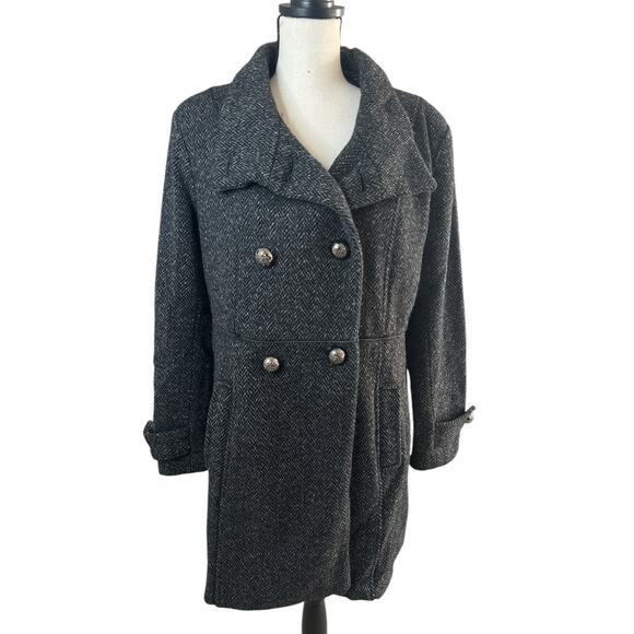 Vince Camuto Tweed Wool Gray/Black Peacoat Women's L Double-Breasted Outerwear - Picture 8 of 13